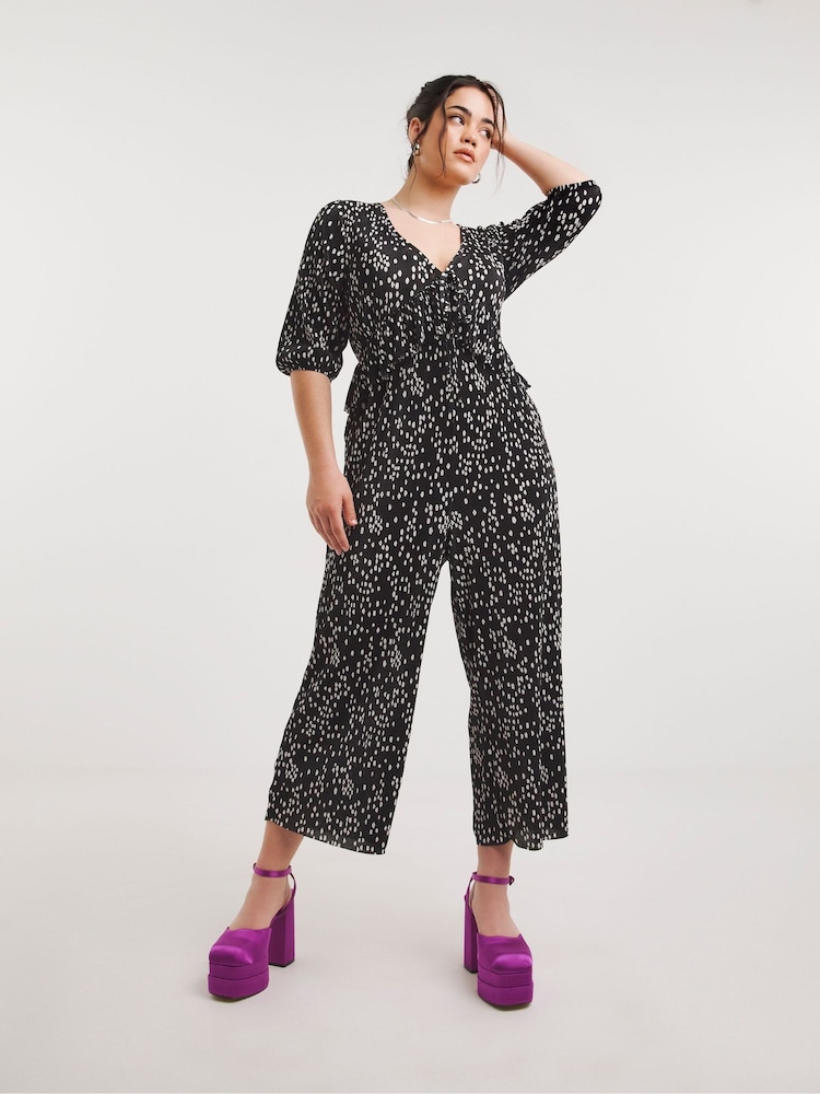 Simply Be Black Spot plisse Culotte Jumpsuit - Image 1 of 4