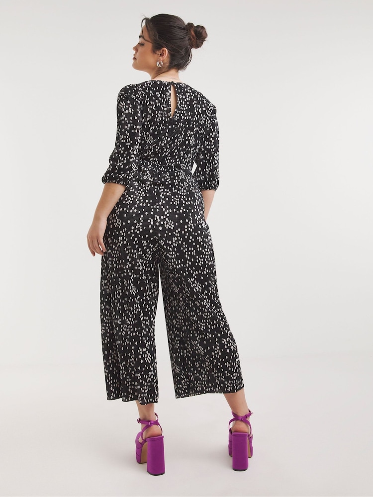 Simply Be Black Spot plisse Culotte Jumpsuit - Image 2 of 4