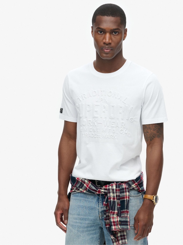 Superdry Winter White 100% Cotton Embossed Logo Graphic T-Shirt - Image 1 of 6
