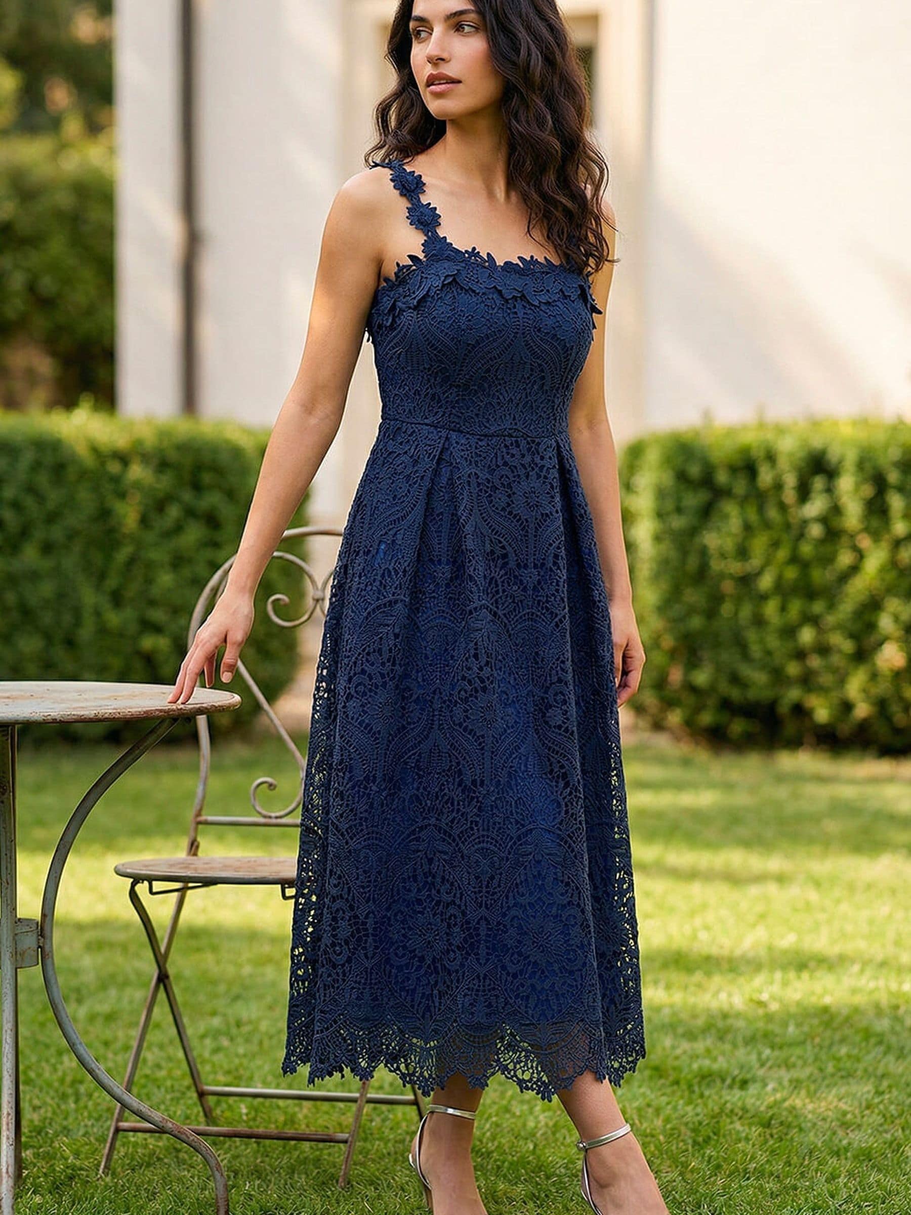 Roman Women's Blue Floral Crochet Midi Dress