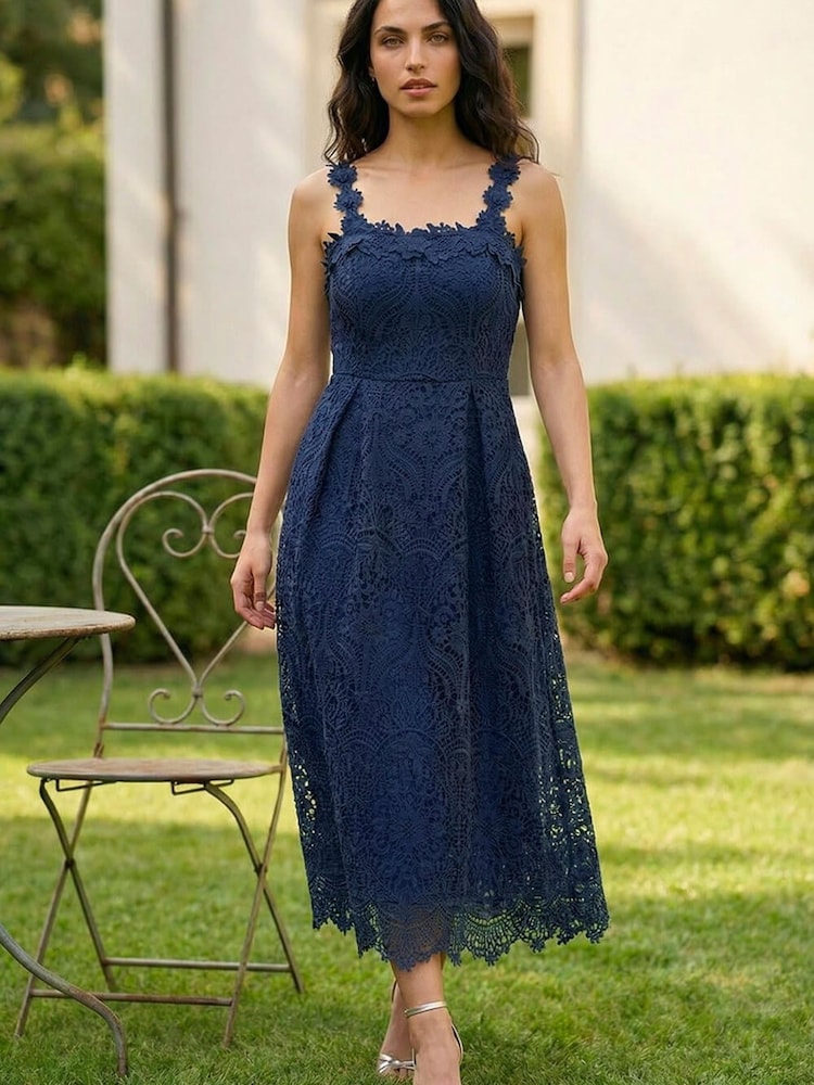 Roman Blue Floral Crochet Midi Dress - Image 2 of 4
