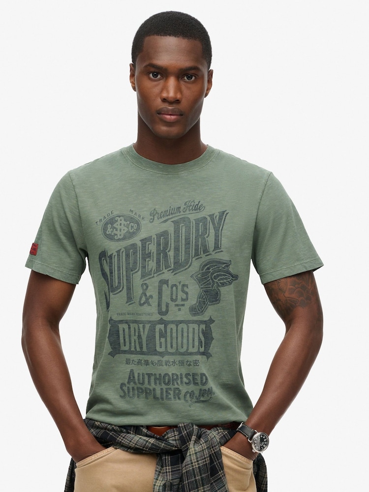 Superdry Laurel Khaki Slub 100% Cotton Workwear Script Graphic T-Shirt - Image 1 of 5