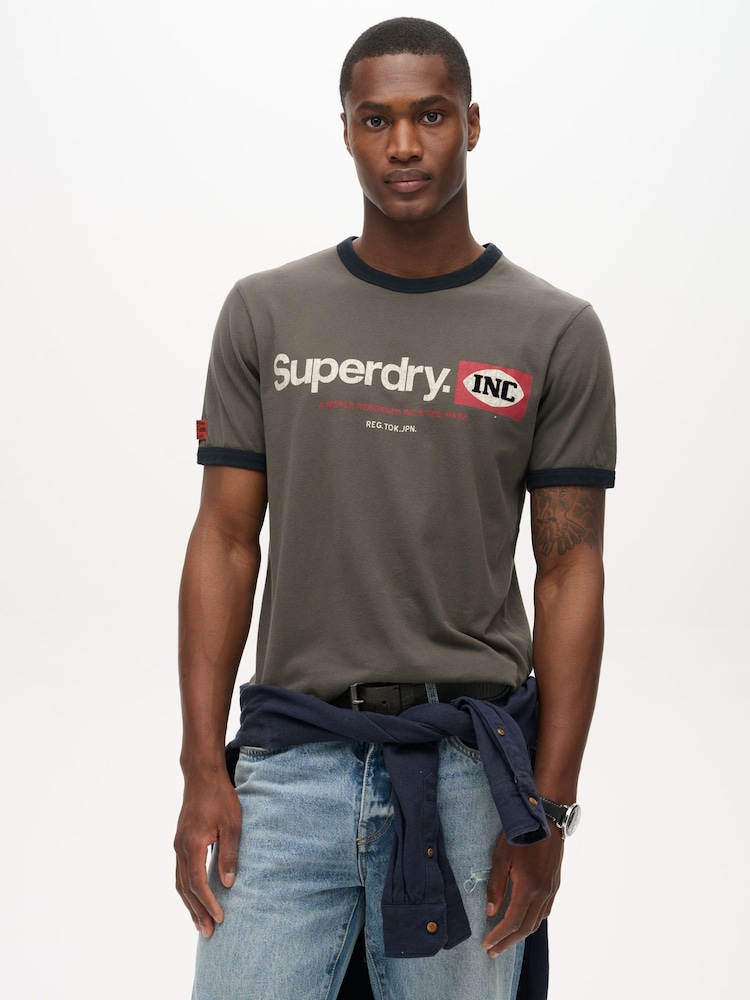 Superdry Dusky Slate Grey Ringer Workwear Graphic T-Shirt - Image 1 of 5