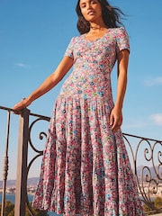 Roman Pink Floral Ruched Midi Dress - Image 1 of 4