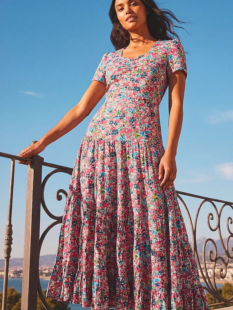 Roman Pink Floral Ruched Midi Dress - Image 1 of 4