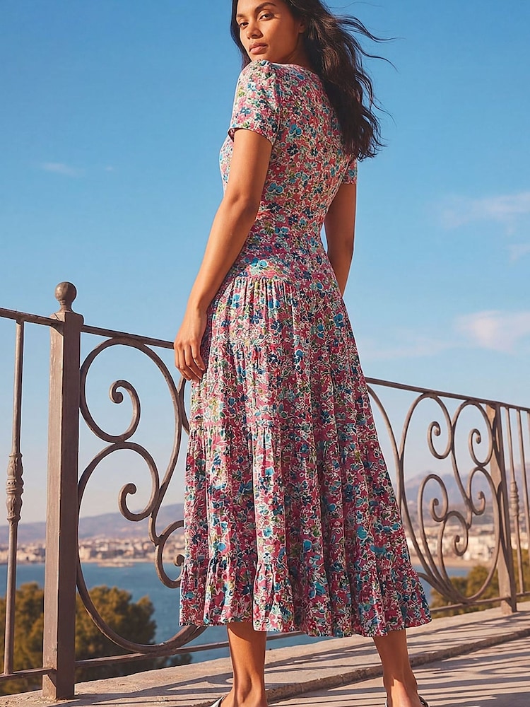 floral ruched midi dress VENUS Side | Lovely Ditsy Blue A vibrant Ruched Midi Floral Dress Orange