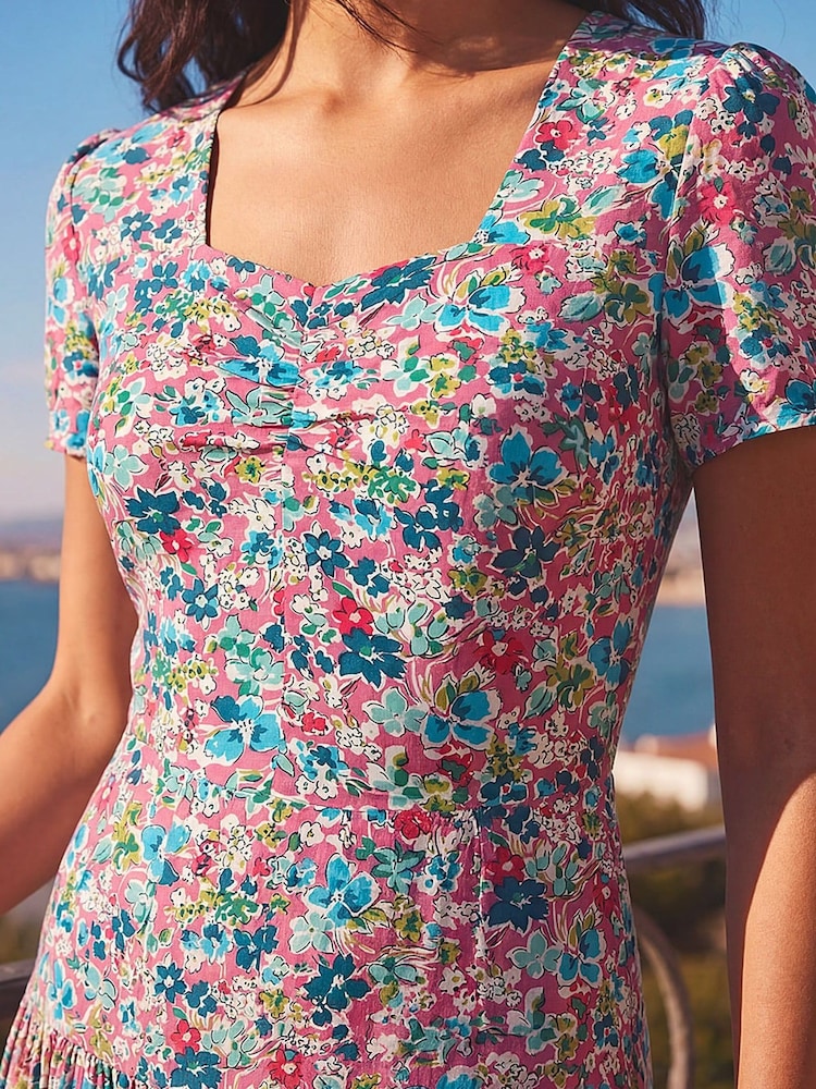 Roman Pink Floral Ruched Midi Dress - Image 4 of 4