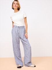 Blue Linen Blend Wide Leg Trousers - Image 3 of 7