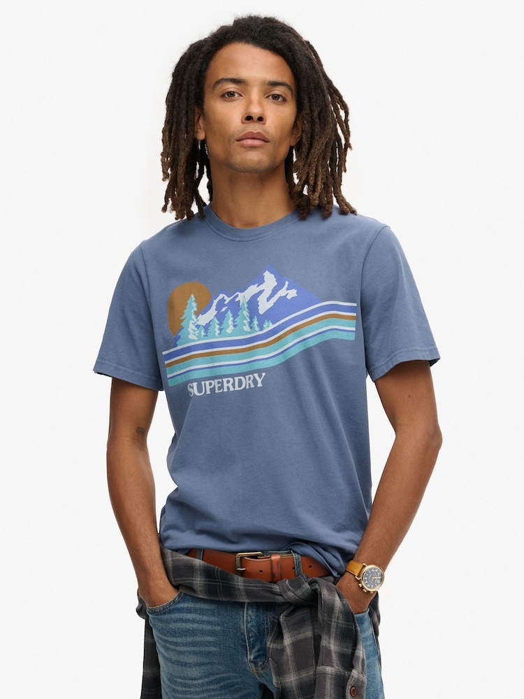 Superdry Blue 100% Cotton Outdoor Graphic Stripe T-Shirt - Image 1 of 5