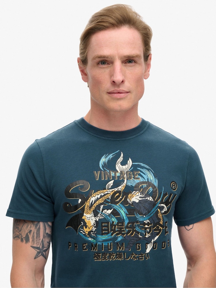 Superdry Blue Bottle 100% Cotton Tokyo Graphic T-Shirt - Image 2 of 4