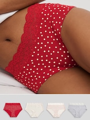 Cream/Grey/Red Midi Cotton and Lace Knickers 4 Pack - Image 1 of 9