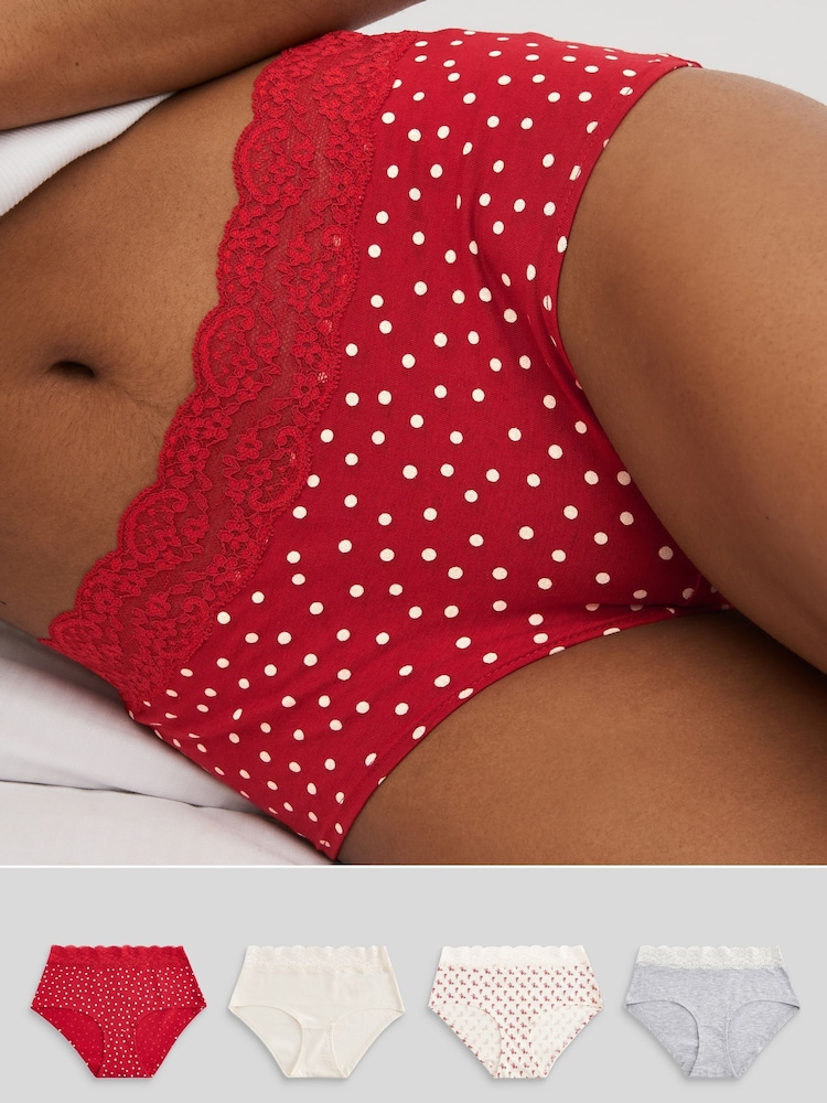 Cream/Grey/Red Midi Cotton and Lace Knickers 4 Pack - Image 1 of 9