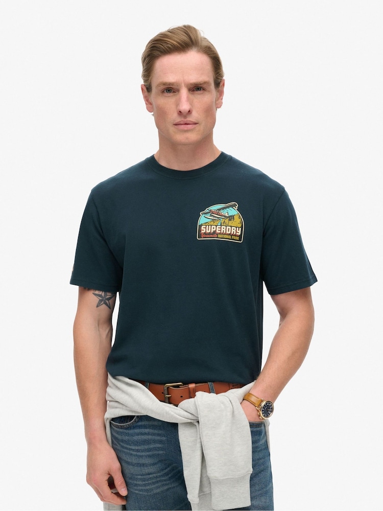 Superdry Eclipse Navy 100% Cotton Travel Postcard Chest T-Shirt - Image 1 of 5