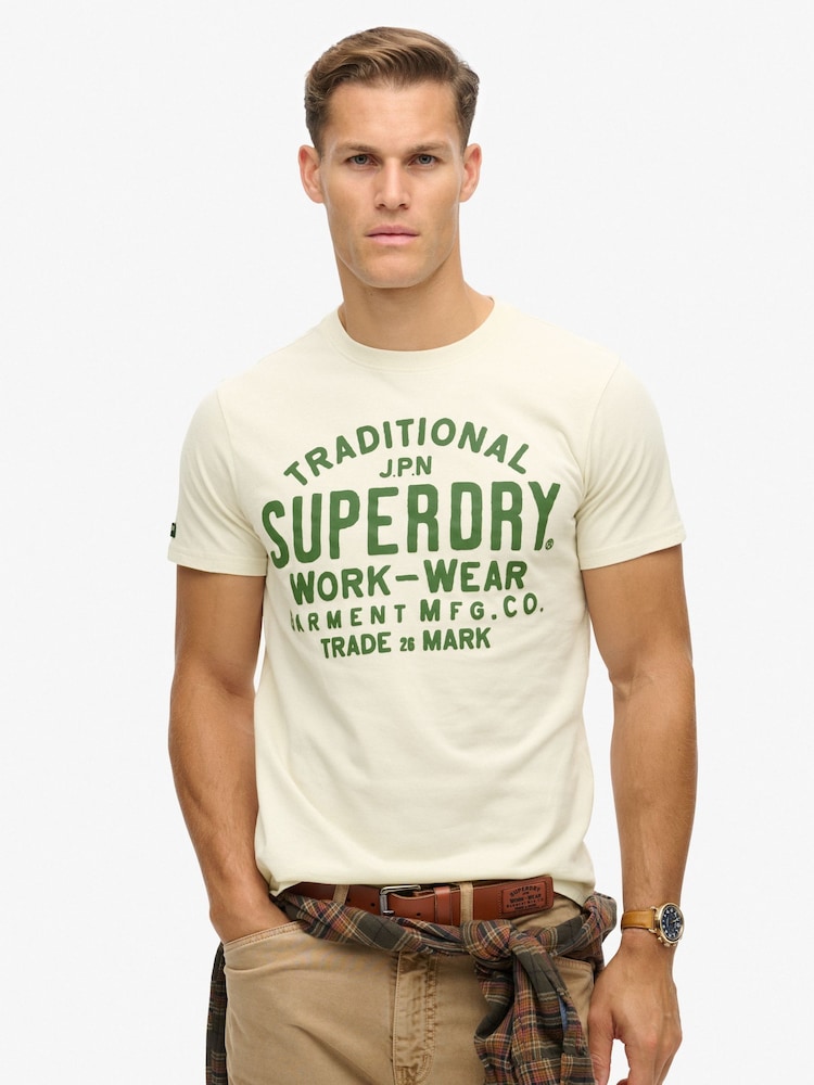 Superdry Cream Machined Goods Workwear T-Shirt - Image 1 of 5