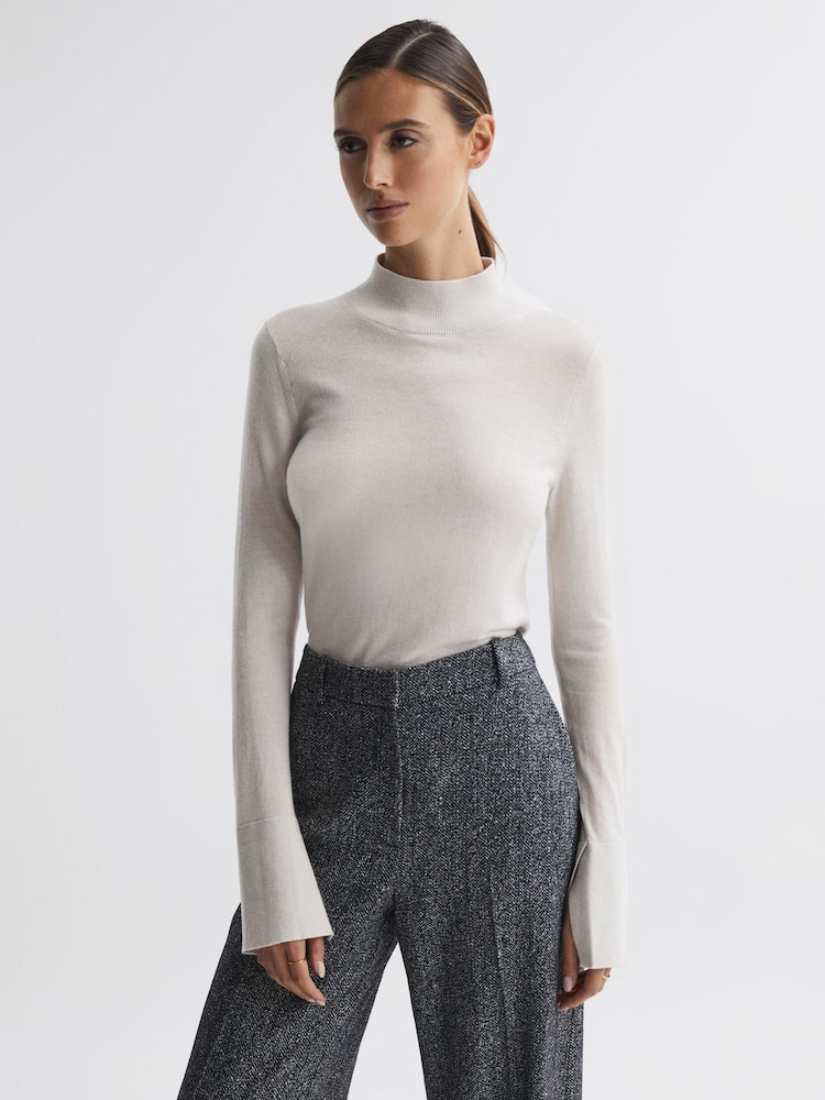 Reiss Stone Kylie Merino Wool Fitted Funnel Neck Top - Image 1 of 5