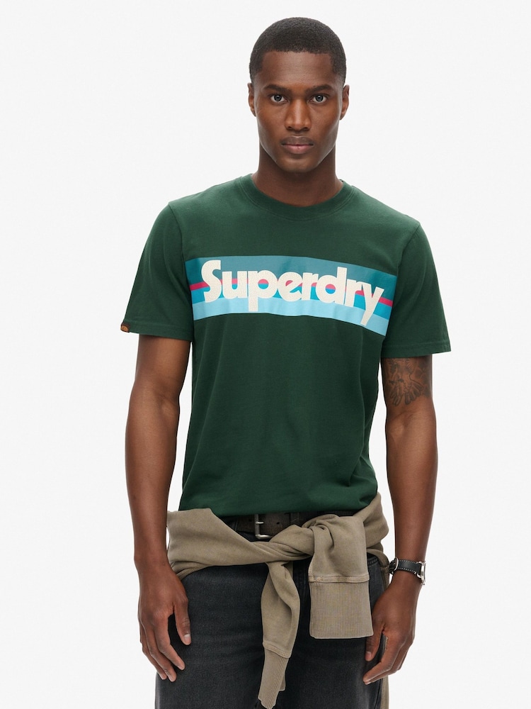 Superdry Enamel Green Retro Stripe Logo 100% Cotton T-Shirt - Image 1 of 5 Superdry Enamel Green Retro Stripe Logo 100% Cotton T-Shirt - Image 1 of 5