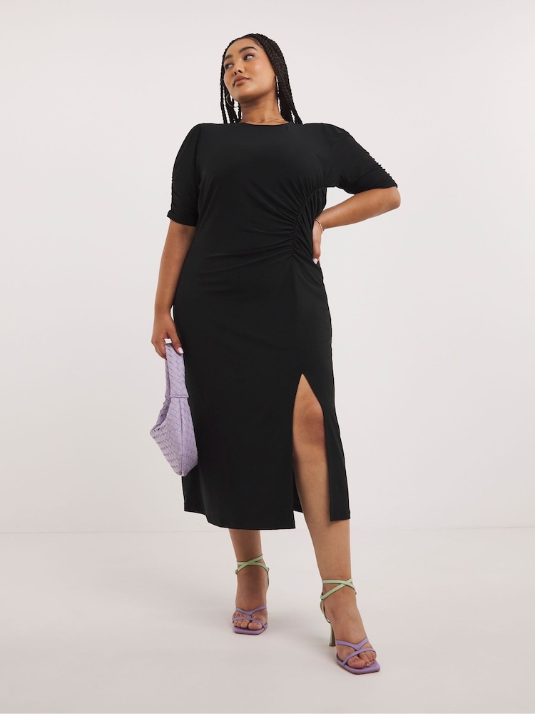 Simply Be Black Ruched Midi Dress - Image 1 of 4