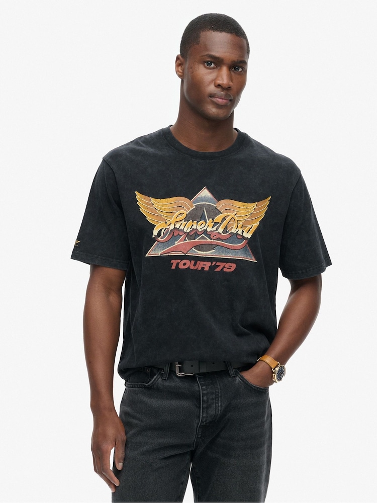 Superdry Jet Black 100% Cotton 70s Rock Graphic Band T-Shirt - Image 1 of 6