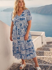 Roman Blue Curve Postcard Print Midi Dress - Image 1 of 3