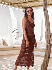 Chocolate Brown Crochet Knitted Midi Cover-Up Dress - Image 1 of 7