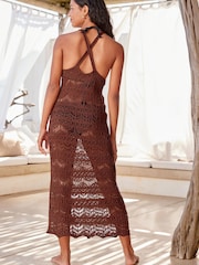 Chocolate Brown Crochet Knitted Midi Cover-Up Dress - Image 3 of 7