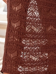Chocolate Brown Crochet Knitted Midi Cover-Up Dress - Image 5 of 7
