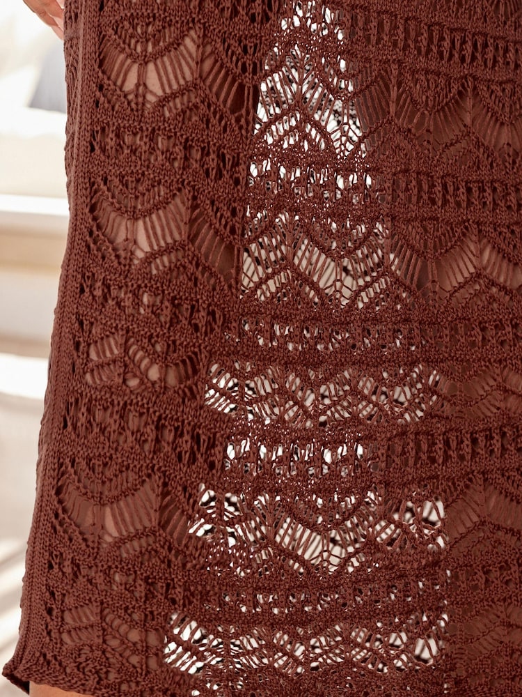 Chocolate Brown Crochet Knitted Midi Cover-Up Dress - Image 5 of 7