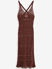 Chocolate Brown Crochet Knitted Midi Cover-Up Dress - Image 6 of 7