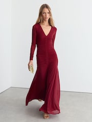 Reiss Red Cathy Ruched Mesh Long-Sleeve Maxi Dress - Image 1 of 7