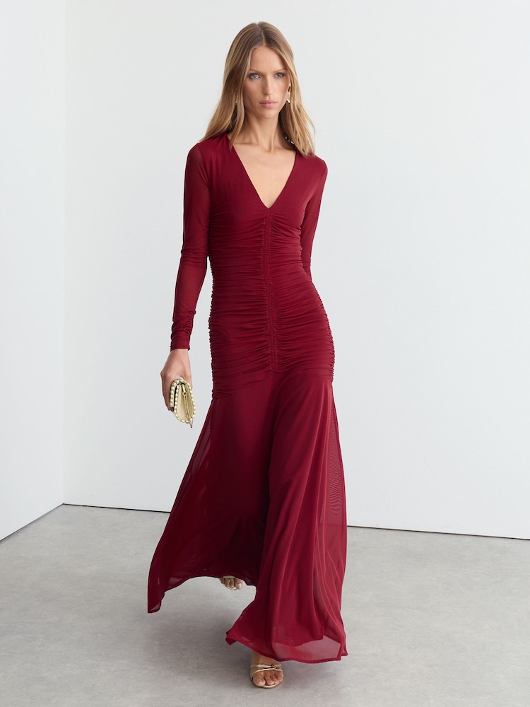 Reiss Red Cathy Ruched Mesh Long-Sleeve Maxi Dress - Image 1 of 7 Reiss Red Cathy Ruched Mesh Long-Sleeve Maxi Dress - Image 1 of 7