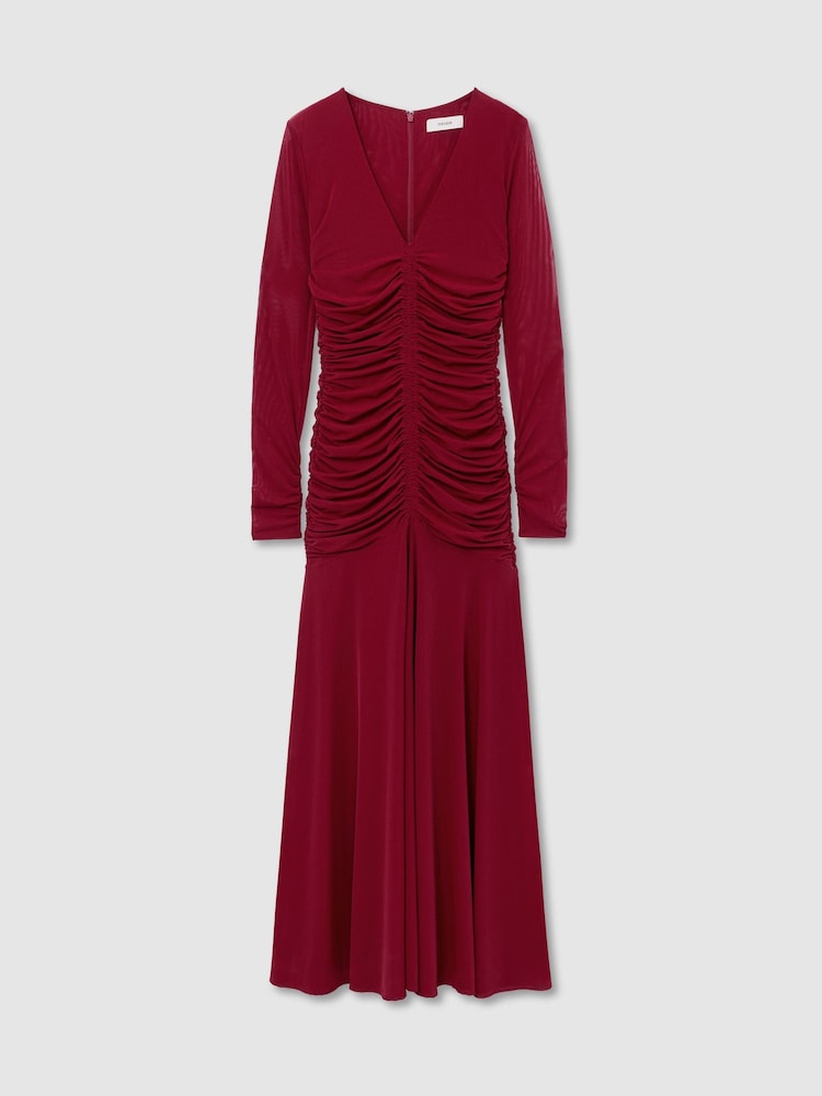 Reiss Red Cathy Ruched Mesh Long-Sleeve Maxi Dress - Image 2 of 7 Reiss Red Cathy Ruched Mesh Long-Sleeve Maxi Dress - Image 2 of 7