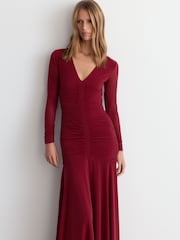 Reiss Red Cathy Ruched Mesh Long-Sleeve Maxi Dress - Image 4 of 7