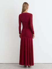 Reiss Red Cathy Ruched Mesh Long-Sleeve Maxi Dress - Image 5 of 7