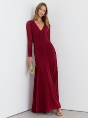 Reiss Red Cathy Ruched Mesh Long-Sleeve Maxi Dress - Image 6 of 7