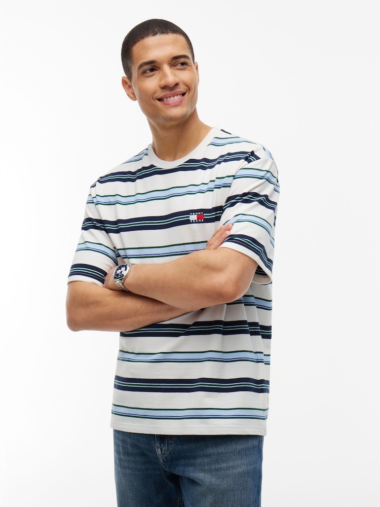 Tommy Jeans White Badge Stripe Oversized Jersey T-Shirt - Image 1 of 5
