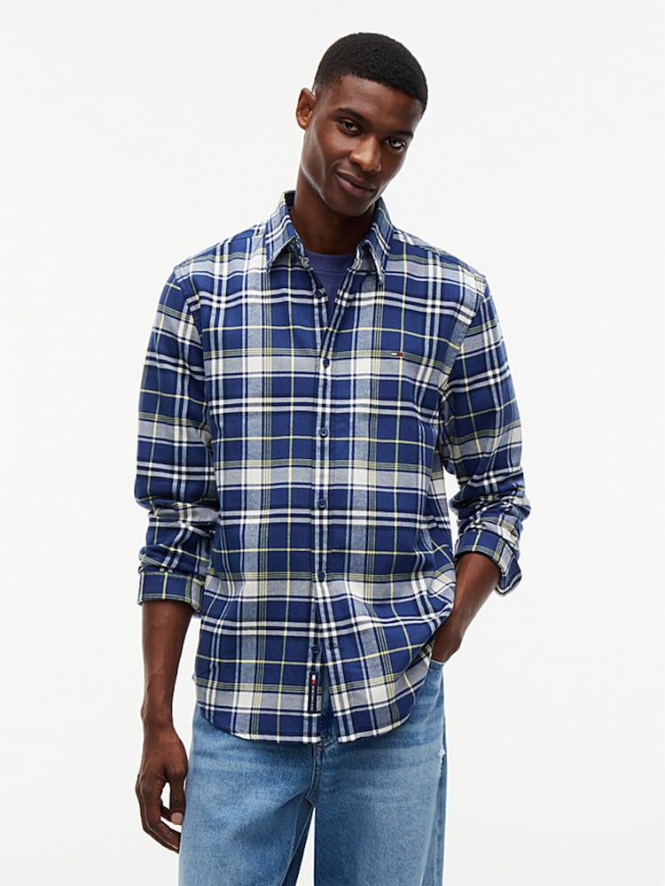 Tommy Jeans Blue Regular Fit Check Brushed Flannel Shirt - Image 1 of 5