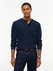 Tommy Jeans Blue Washed Waffle Knit Henley Long Sleeve T-Shirt - Image 1 of 5