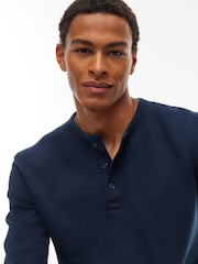 Tommy Jeans Blue Washed Waffle Knit Henley Long Sleeve T-Shirt - Image 4 of 5