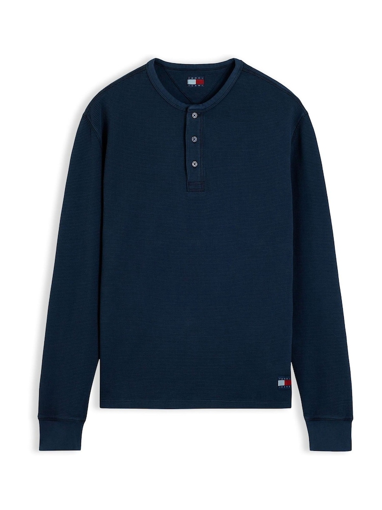 Tommy Jeans Blue Washed Waffle Knit Henley Long Sleeve T-Shirt - Image 5 of 5 Tommy Jeans Blue Washed Waffle Knit Henley Long Sleeve T-Shirt - Image 5 of 5