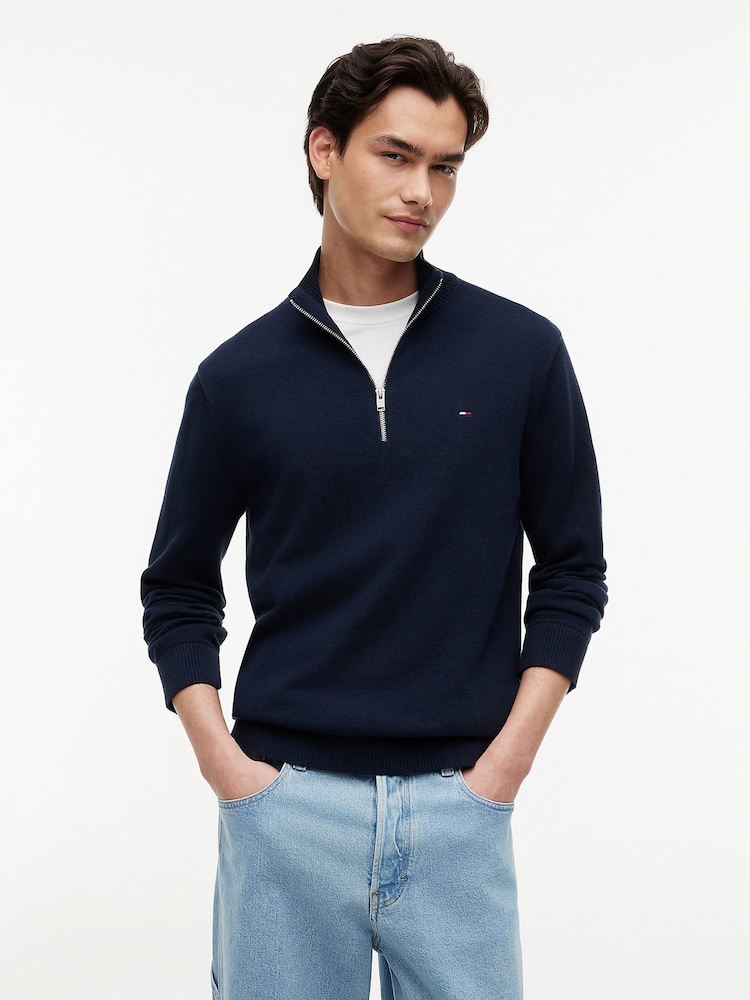 Синий - Легкий узкий джемпер с короткой молнией и логотипом Tommy Hilfiger - Изображение 1 7