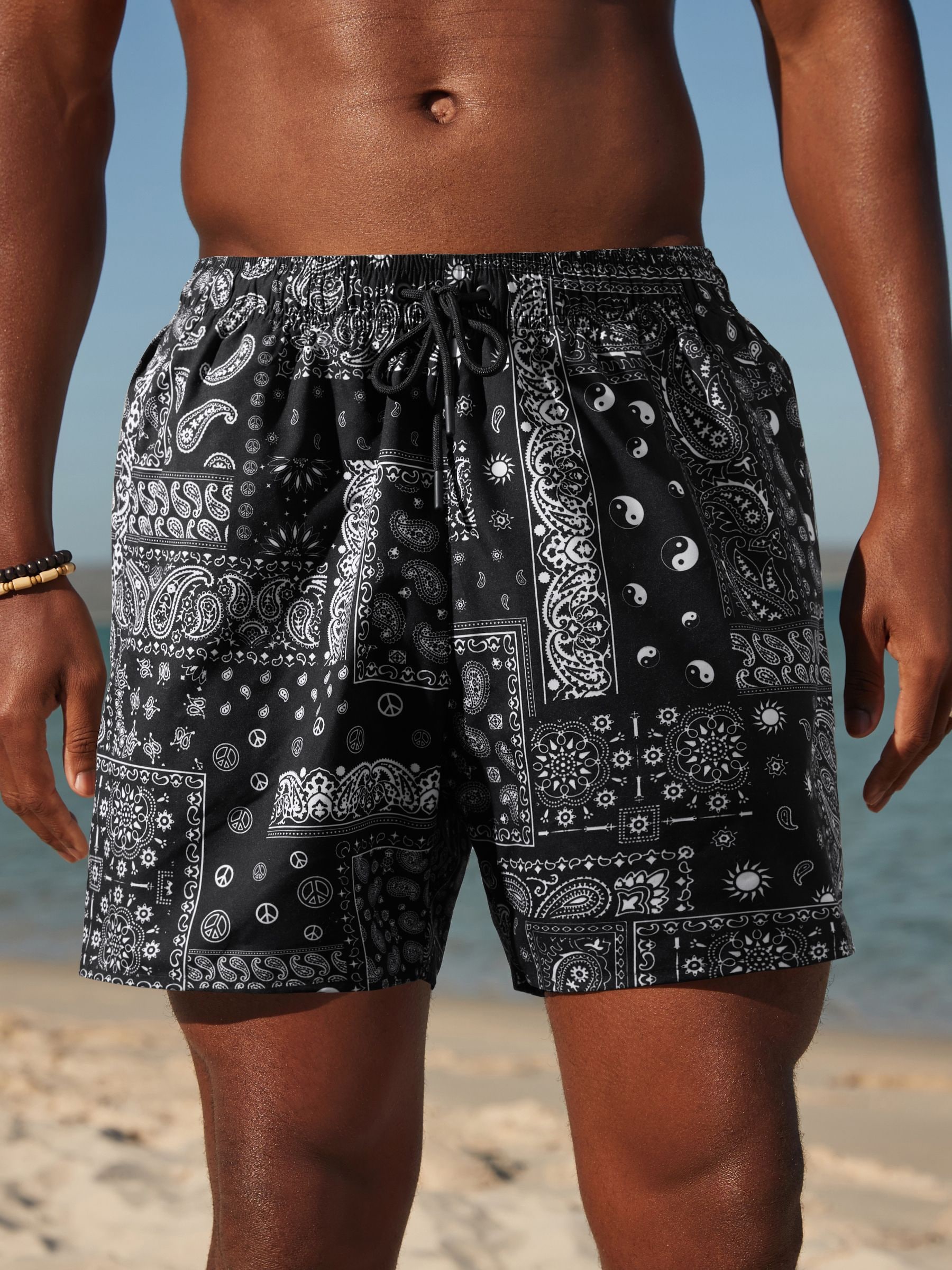 Next Black White Paisley Bandana Regular Fit Printed Swim Shorts