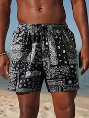 Black/White Paisley Bandana Printed Swim Shorts - Image 7 of 7