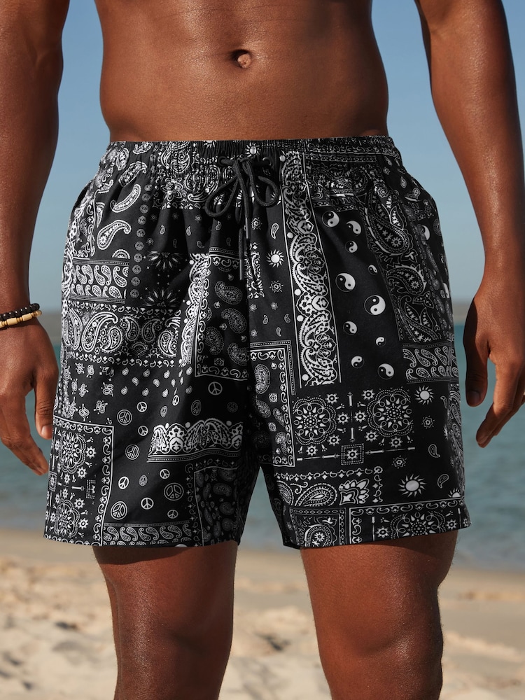 Black/White Paisley Bandana Printed Swim Shorts - Image 7 of 7