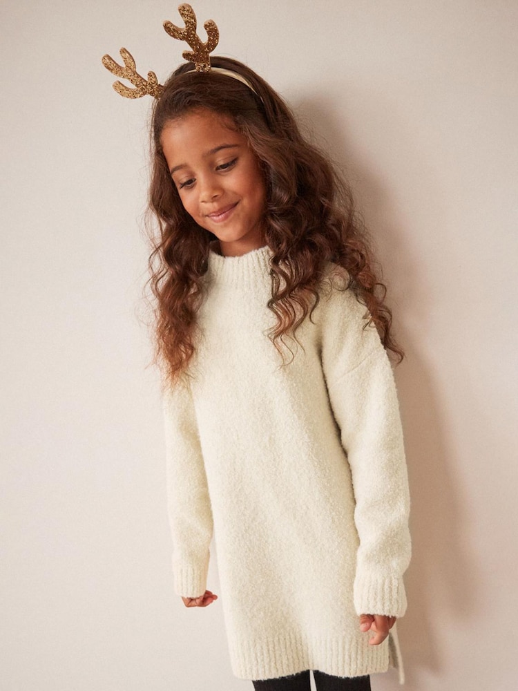 Ecru Cream Marl Bouclé Knitted Jumper Dress (3-16yrs) - Image 1 of 8 Ecru Cream Marl Bouclé Knitted Jumper Dress (3-16yrs) - Image 1 of 8