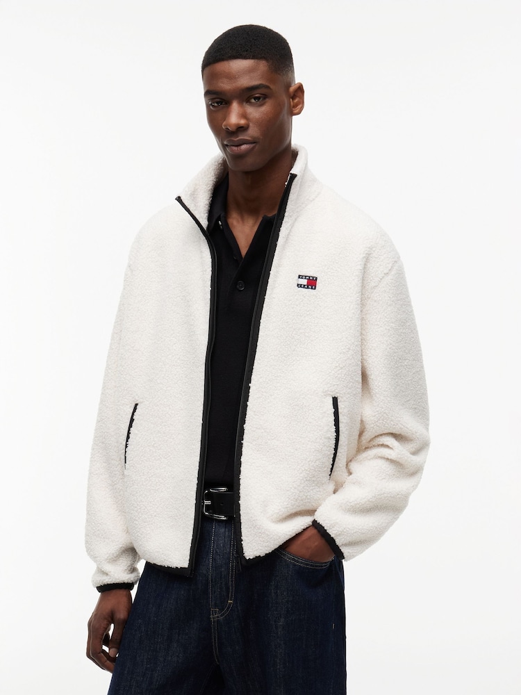 Tommy Jeans Cream Badge Teddy Relaxed Zip-Thru Sweatshirt - Image 1 of 5 Tommy Jeans Cream Badge Teddy Relaxed Zip-Thru Sweatshirt - Image 1 of 5