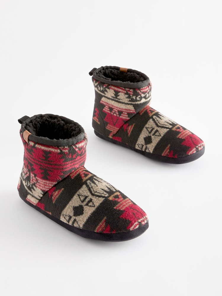 Black/Red Print Borg Lined Boot Slippers - Image 1 of 6
