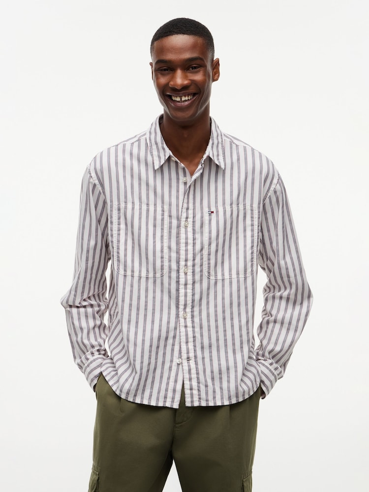 Tommy Jeans Brown Boxy Fit Stripe Dobby Shirt - Image 1 of 6 Tommy Jeans Brown Boxy Fit Stripe Dobby Shirt - Image 1 of 6