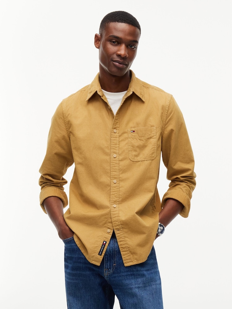 Tommy Jeans Brown Regular Fit Button Down Corduroy Shirt - Image 1 of 5