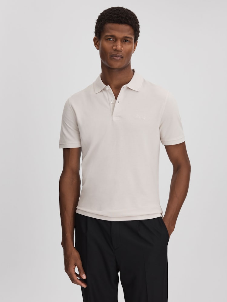 Gris glace - Polo brodé teint en pièce coupe slim Reiss Peters - Image 1 of 6