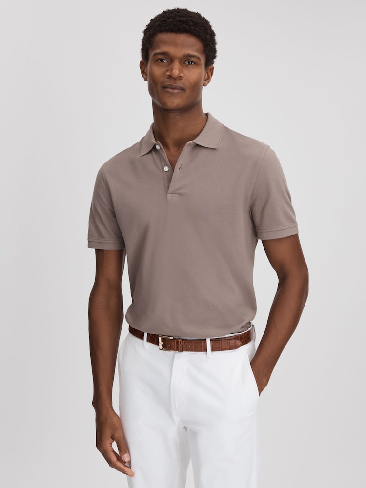 Reiss Dark Taupe Puro Garment Dyed Cotton Polo Shirt - Image 1 of 7 Reiss Dark Taupe Puro Garment Dyed Cotton Polo Shirt - Image 1 of 7